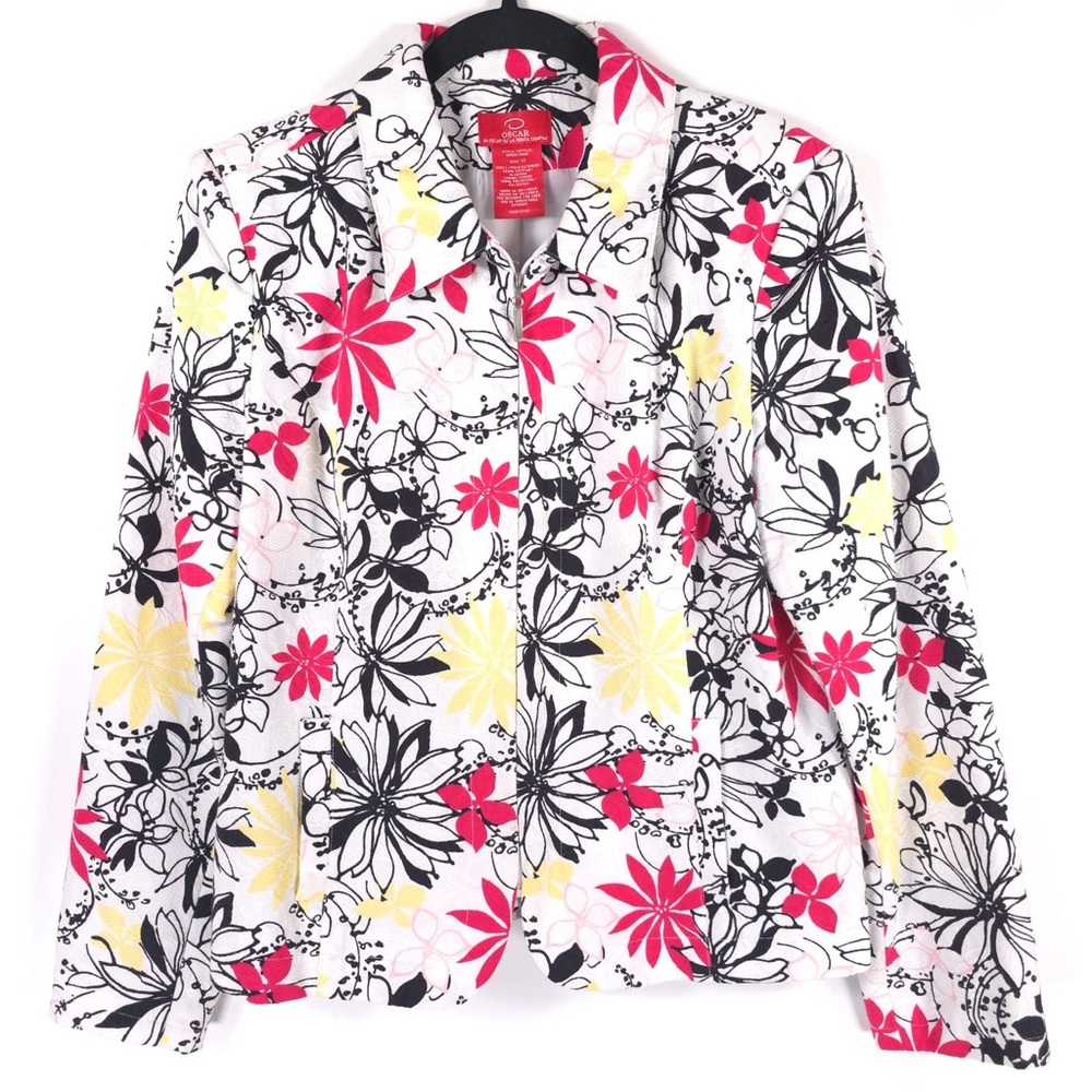 OSCAR DE LA RENTA Full Zip Floral Blazer Jacket Cotton Size 12 White Multicolor - Picture 3 of 13
